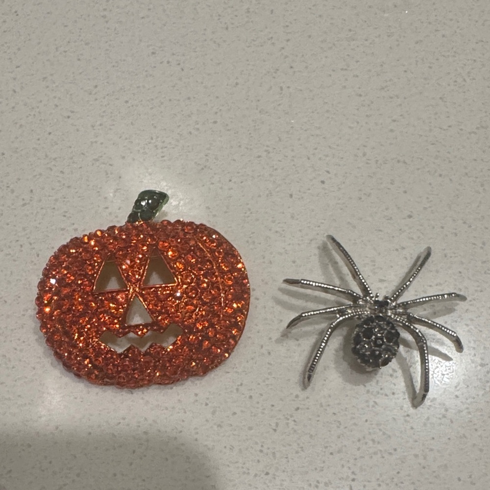 Halloween Pumpkin and Spider Brooch Set
